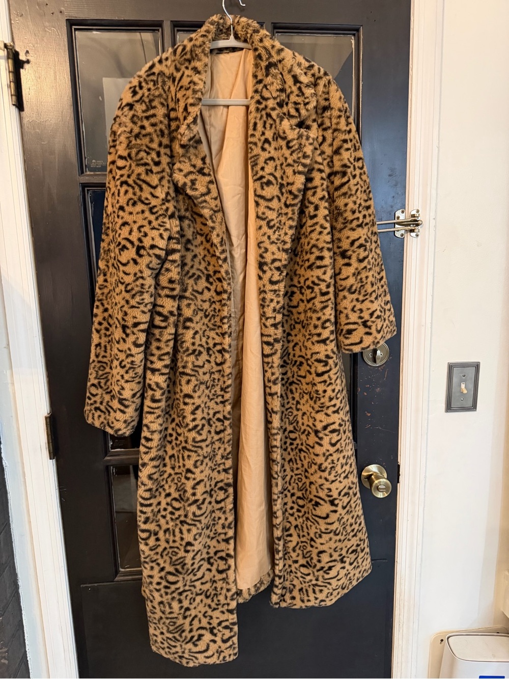 Leopard Print Faux Fur Long Coat - Tan/Black